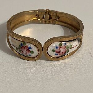 Vintage Dainty Pink Rose Enamel Guilloche Hinge Cuff Bracelet Gold Tone